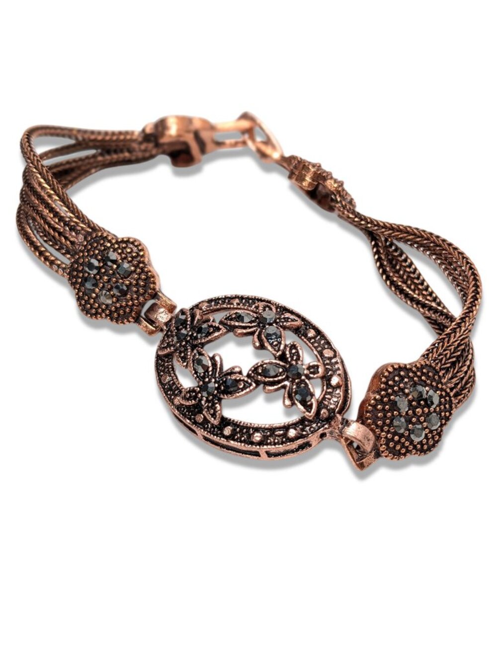 Vintage Boho Copper Marcasite Butterfly Flower Openwork Mesh Chain Bracelet
